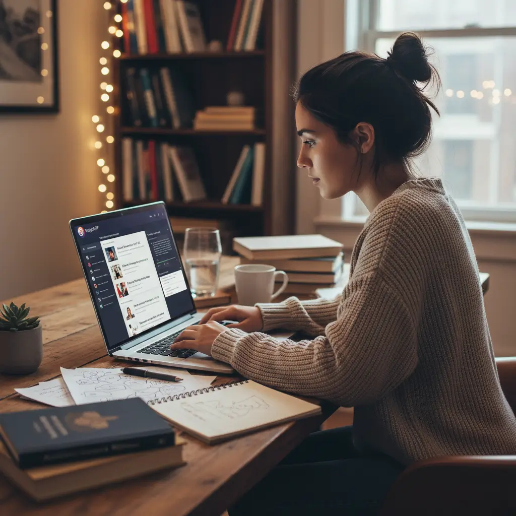 Student using InsightGPT Research Assistant - Graduate student at desk with laptop showing InsightGPT interface analyzing research papers, with books and academic materials around, highlighting the seamless integration of AI in academic research workflow