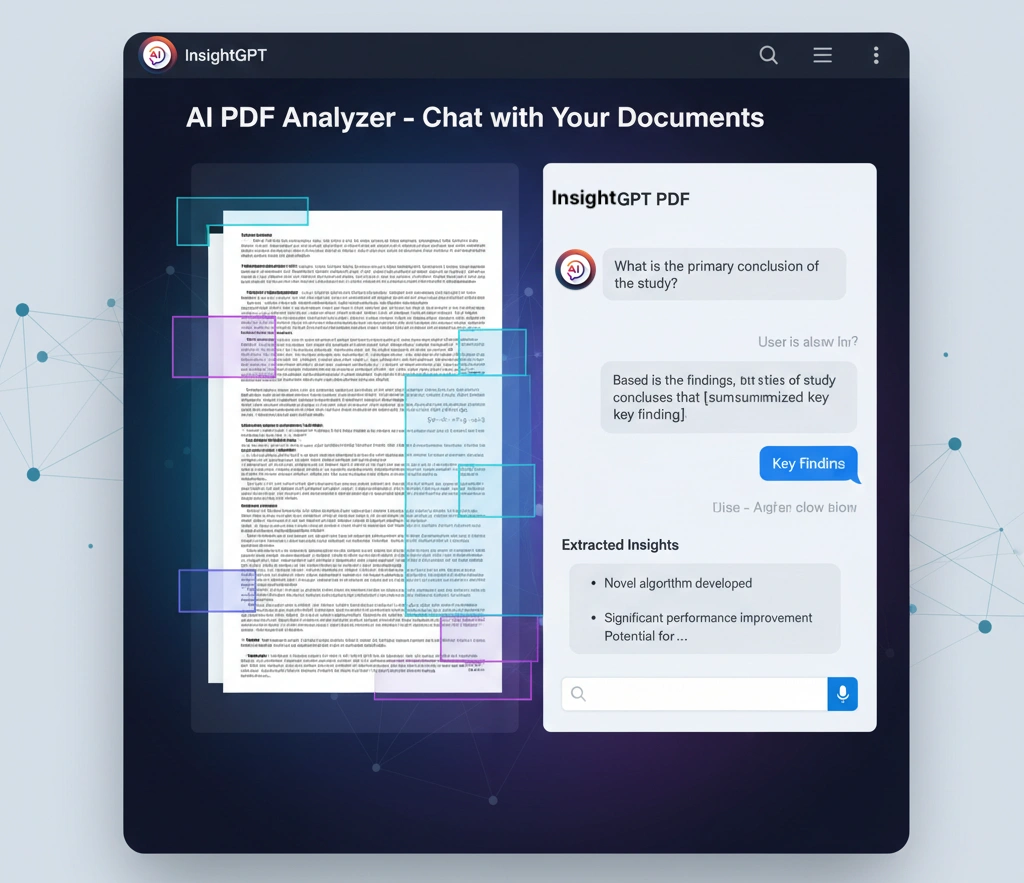 InsightGPT PDF Analyzer Interface - AI-powered document analysis showing chat interface with uploaded research paper, highlighted key findings, and intelligent Q&A responses