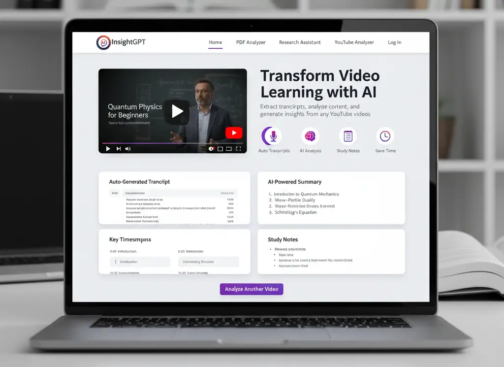 InsightGPT YouTube Analyzer Interface - Modern dashboard showing YouTube video being analyzed with auto-generated transcript, AI-powered summary, key timestamps, and study notes extraction from educational content
