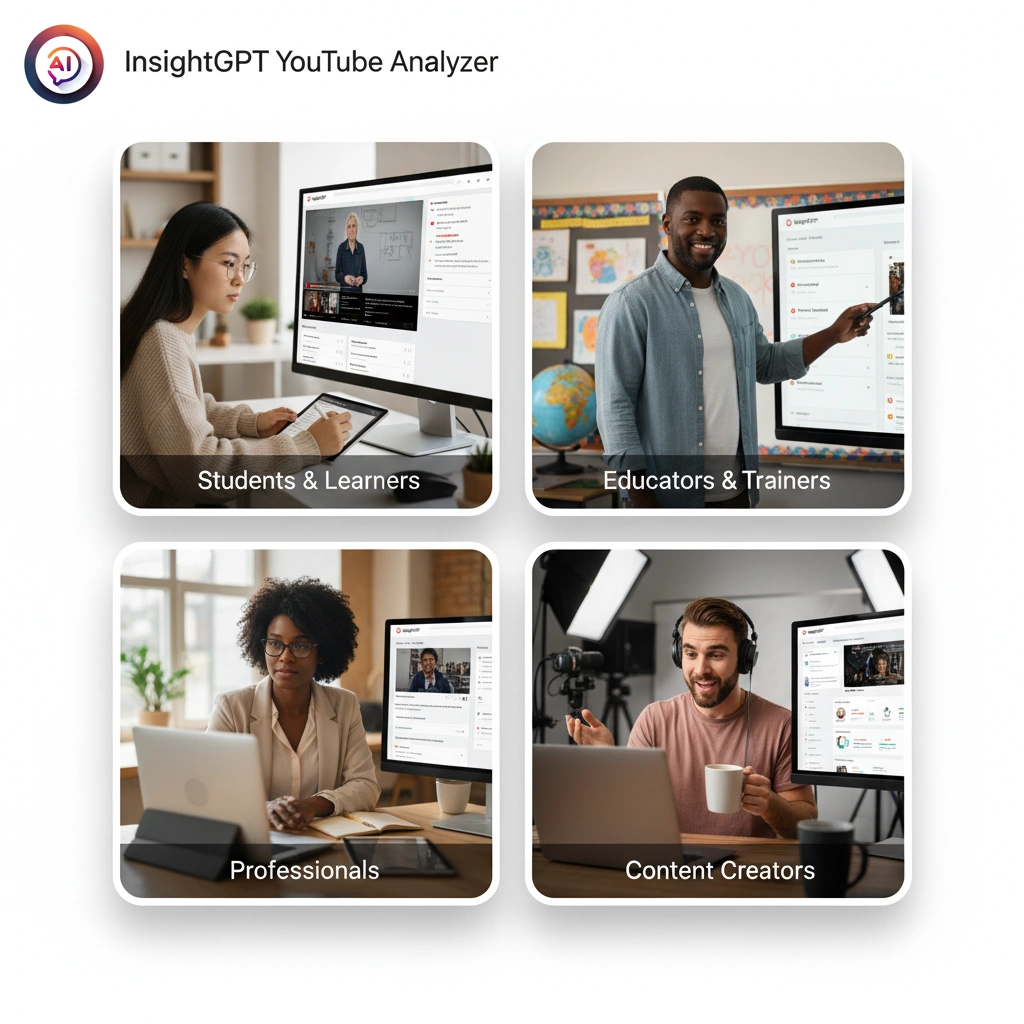 InsightGPT YouTube Analyzer Use Cases - Collage showing different users: student taking online course notes, teacher creating lesson plans, professional analyzing conference talks, and content creator researching trends